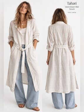 Tahari Linen Duster shirt trench belted plaid collared lagenlook topper cover up